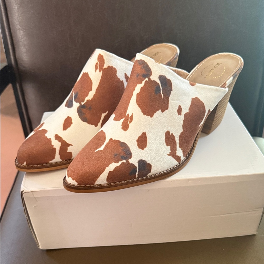 Cow-Print Slip-On Mules with Stacked Heel — Brown & White